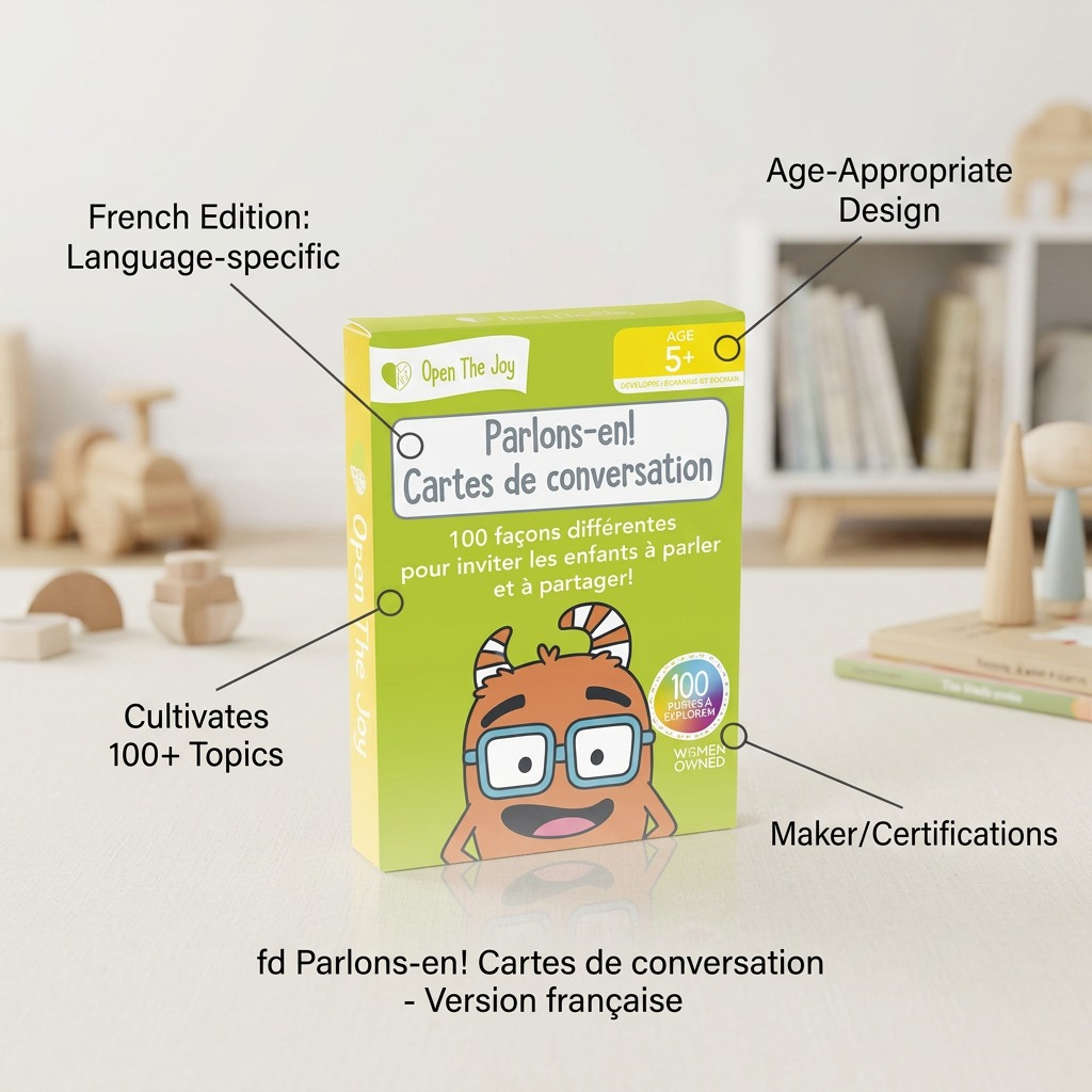 An ecommerce infographic calling out key features of the "Parlons-en!" French conversation cards box, including: French Edition, Age 5+, 100 Topics, and Maker/Certifications.