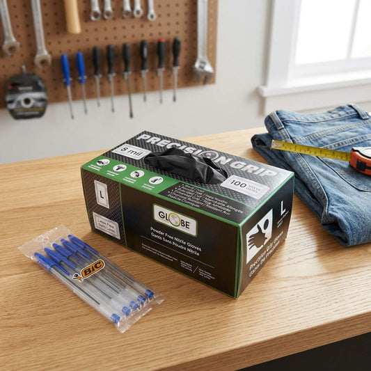 Globe Precision Grip 8mil Nitrile Gloves box on a workbench next to pens and a tape measure.