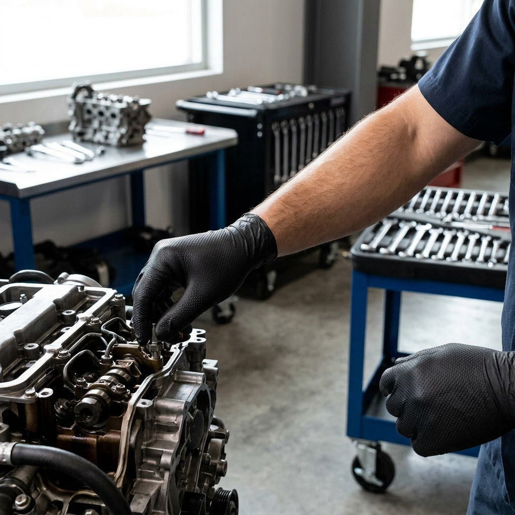 Mechanic wearing Globe Precision Grip black nitrile gloves while repairing a car engine in a garage.