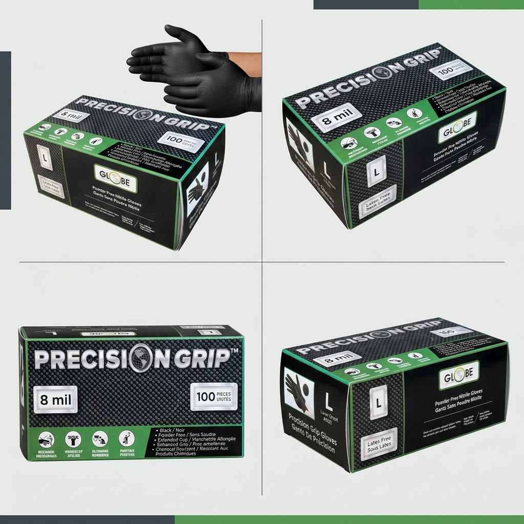 Four views of Globe Precision Grip 8mil black nitrile gloves box including front and side angles.