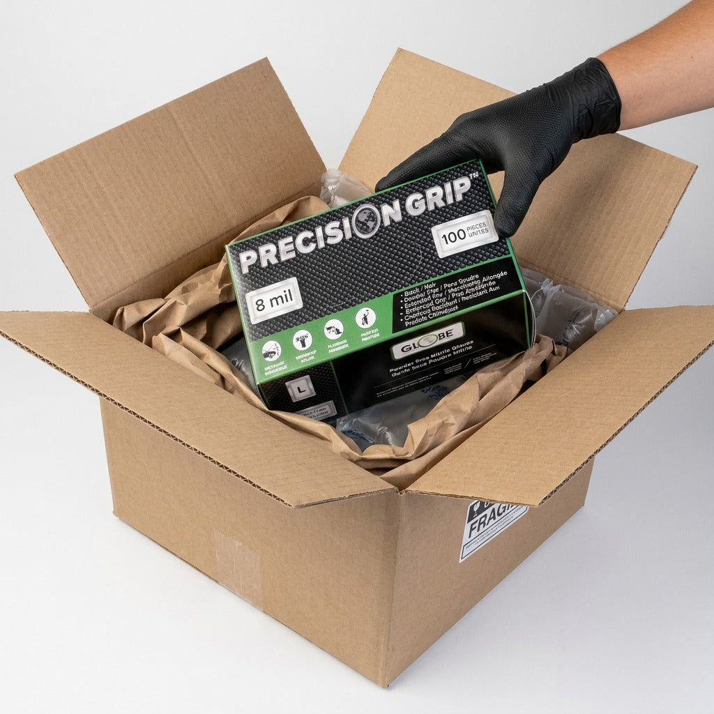 Hand in a black nitrile glove unboxing a Globe Precision Grip 8mil glove box from a shipping carton.