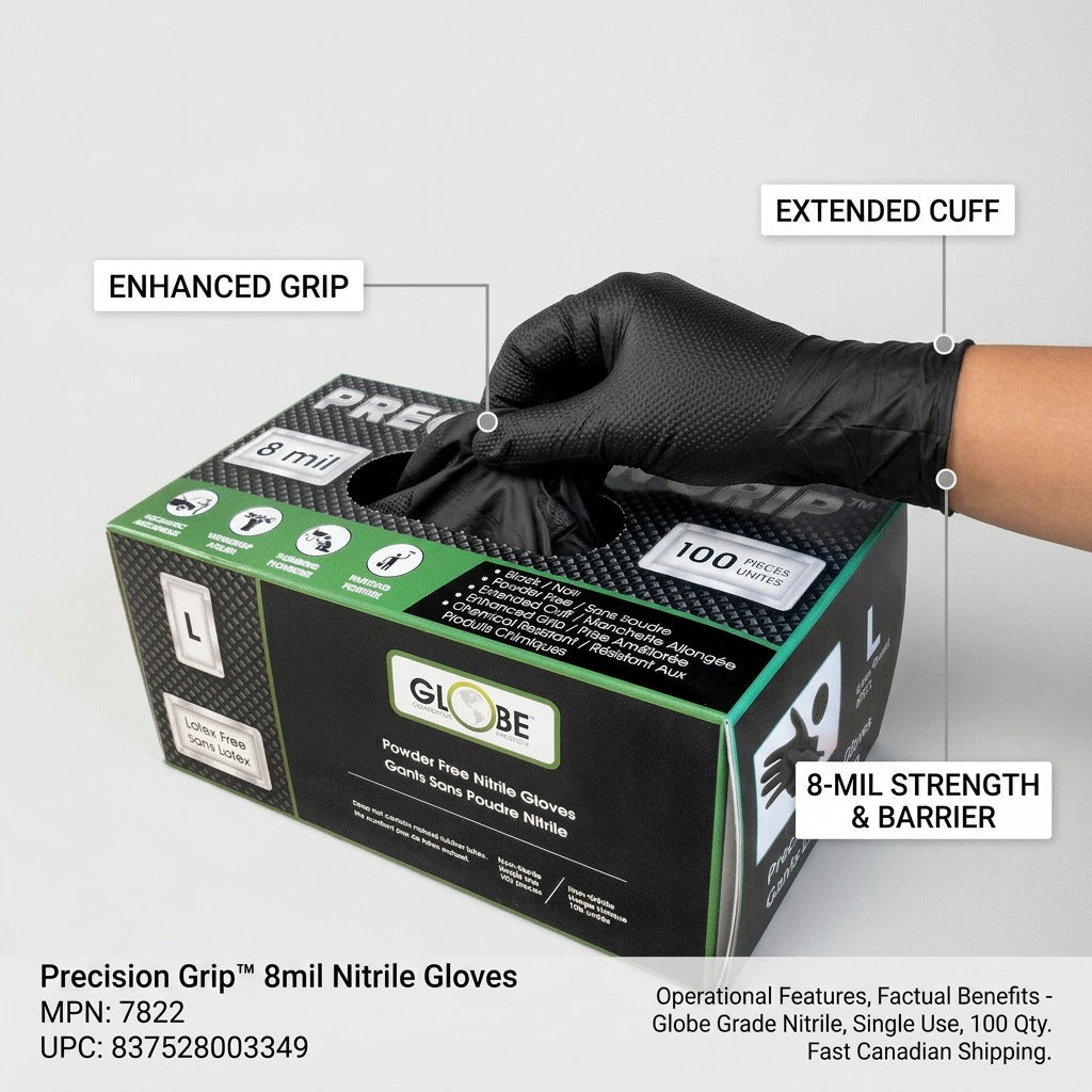Feature graphic for Globe Precision Grip 8mil black nitrile gloves highlighting grip and strength.