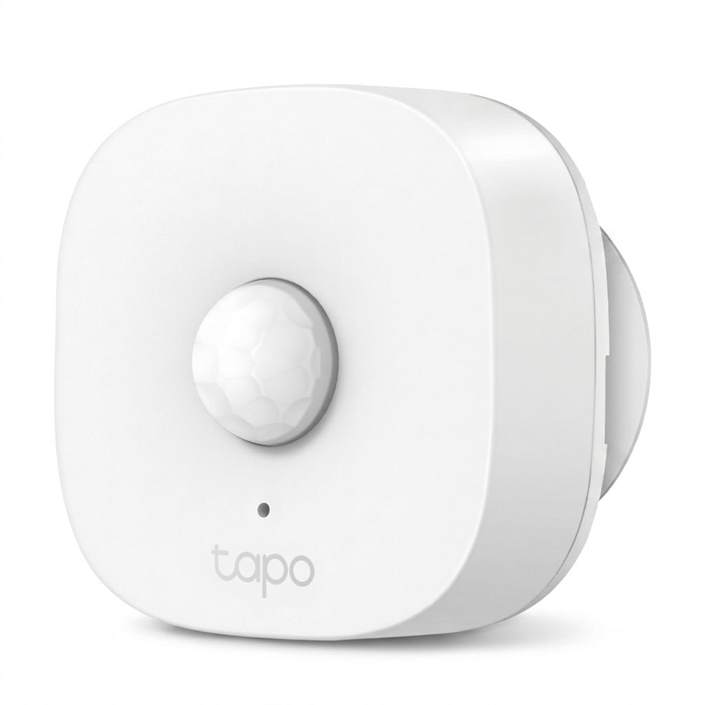 TP-Link Tapo T100 Smart Motion Sensor hero shot in white with cental lens on white background.