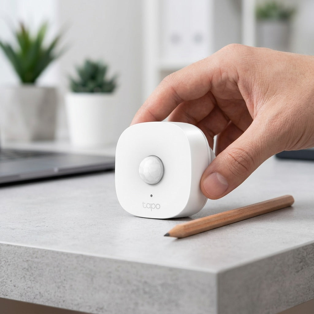 A hand holding the compact white TP-Link Tapo T100 Smart Motion Sensor next to a pencil for scale.