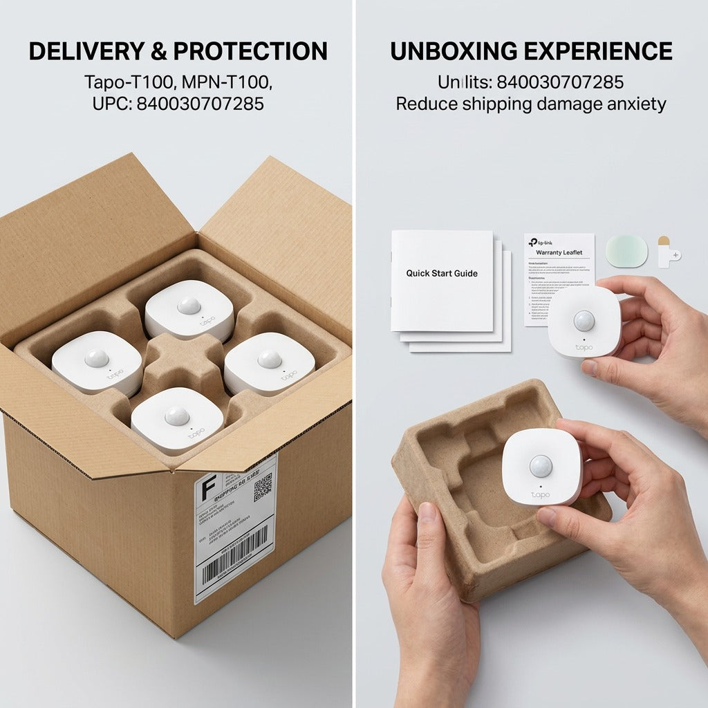 TP-Link Tapo T100 motion sensors in protective shipping box with guide and warranty leaflet.