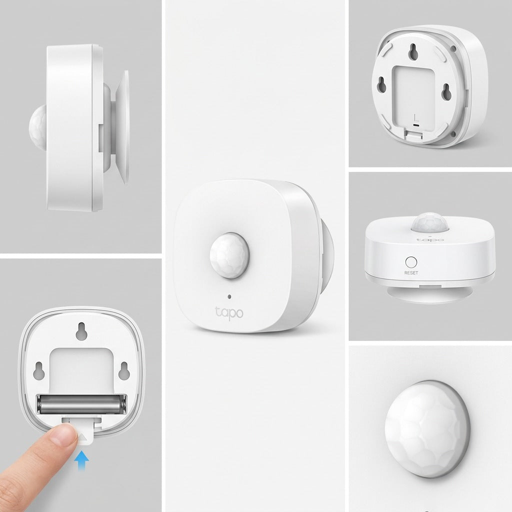 Grid of the TP-Link Tapo T100 motion sensor showing front, side, battery, and mounting views.