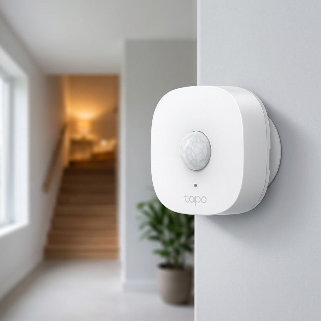 A white TP-Link Tapo T100 motion sensor mounted on a wall near a staircase in a bright home hallway.
