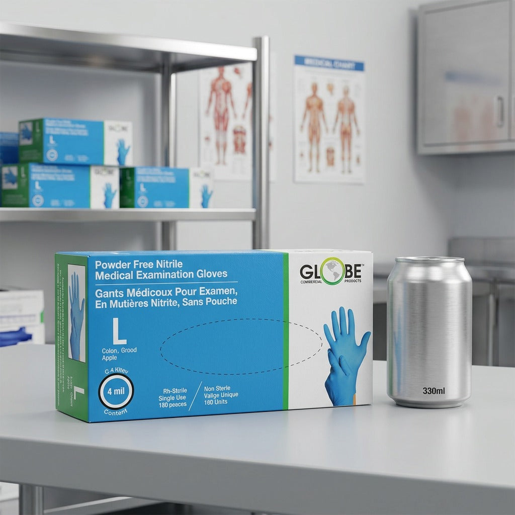 A box of Globe Nitrile Medical Gloves shown next to a 330ml soda can for size comparison.