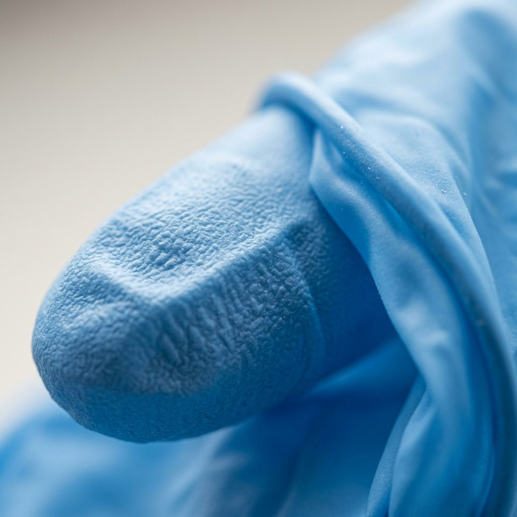 Macro detail of a sky blue Globe nitrile medical glove's textured fingertip for enhanced grip.