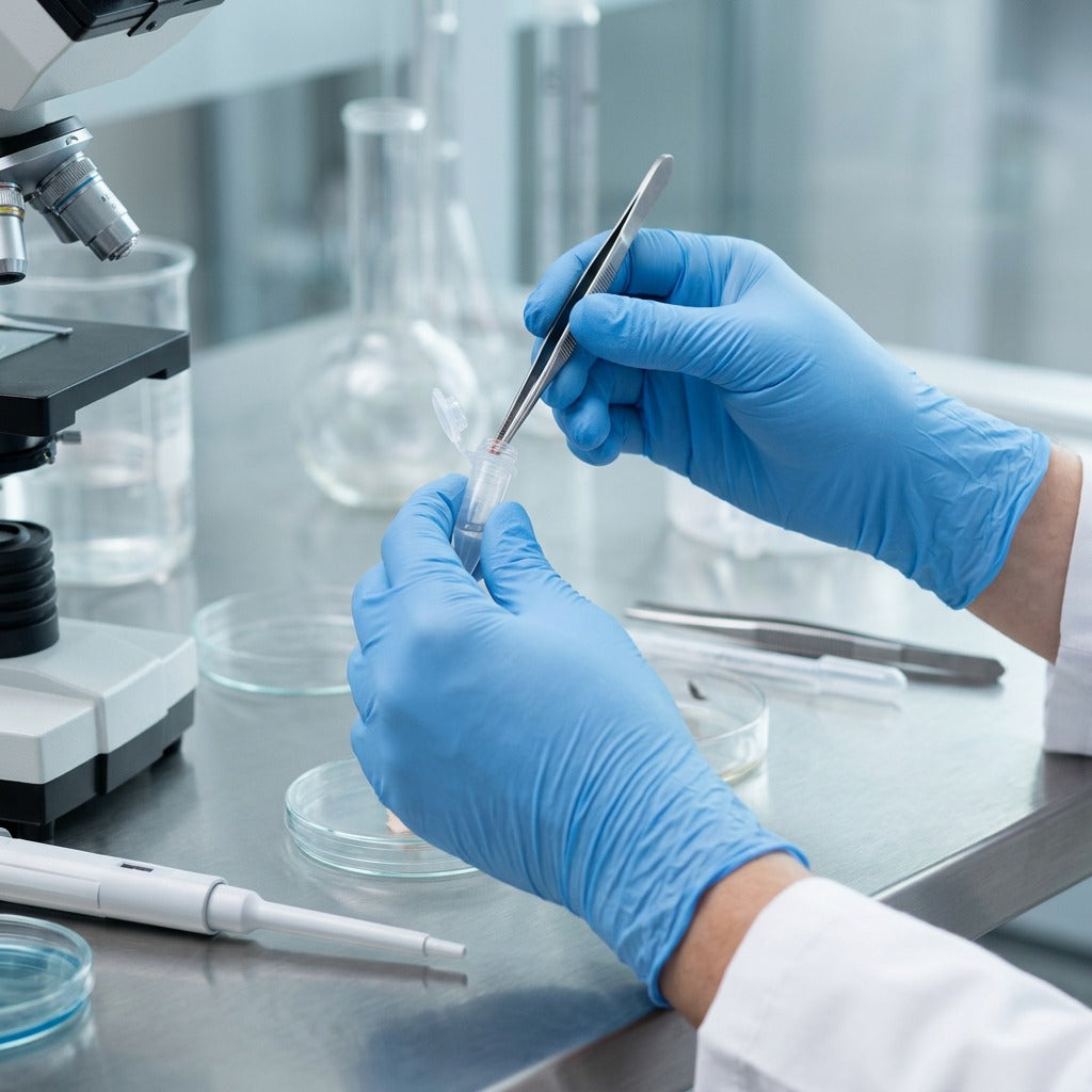 A person wearing Globe sky blue nitrile medical gloves using tweezers and a vial in a laboratory.