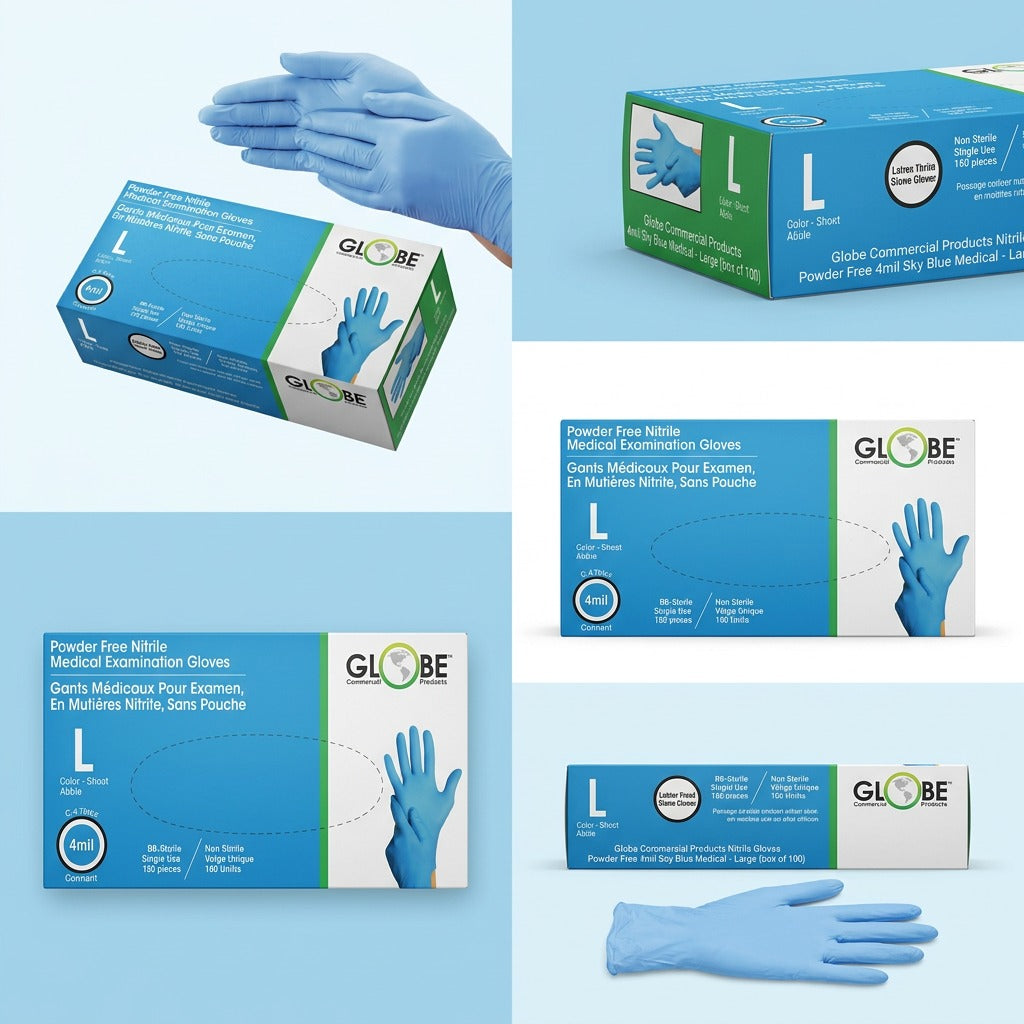 Grid of Globe Nitrile Medical Gloves showing boxes and blue gloves from multiple angles.