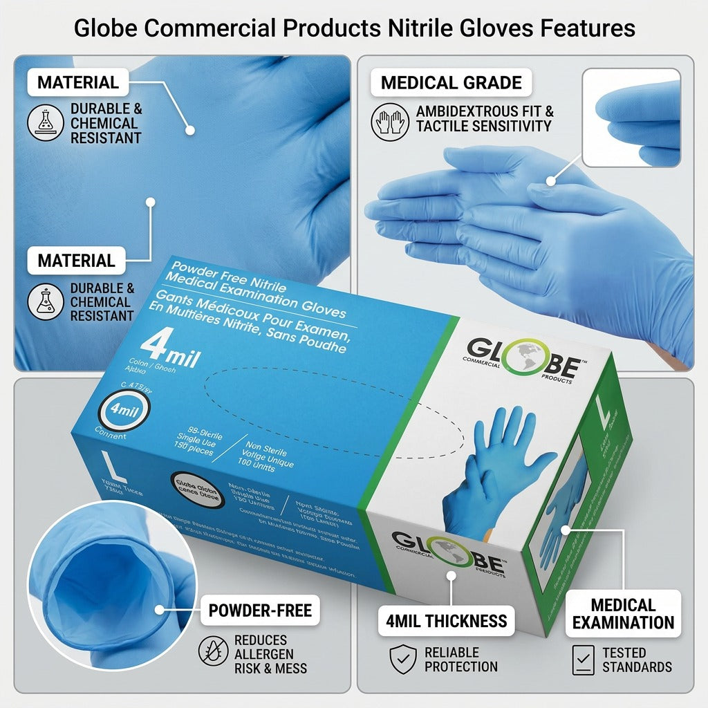 Feature graphic for Globe sky blue nitrile gloves highlighting 4mil thickness and medical grade.