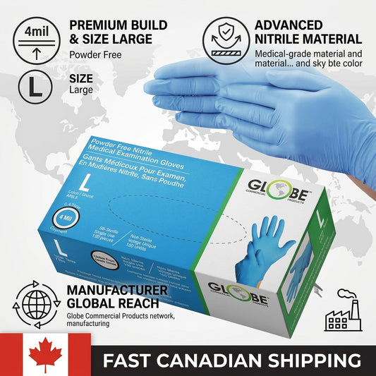 Globe 4mil powder-free sky blue nitrile medical gloves infographic with fast Canadian shipping.