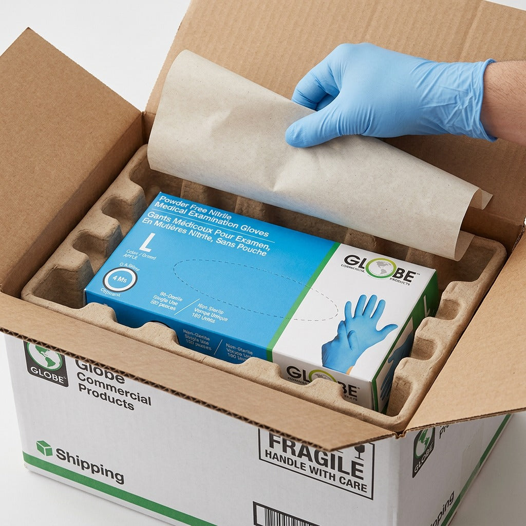 A box of Globe Nitrile Medical Examination Gloves securely packed in a shipping box with protective inserts.