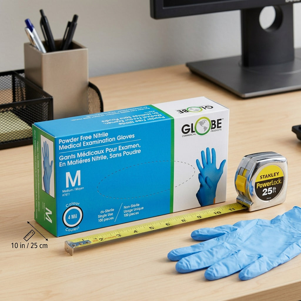 A box of Globe sky blue nitrile medical gloves shown on a desk beside a tape measure for scale.