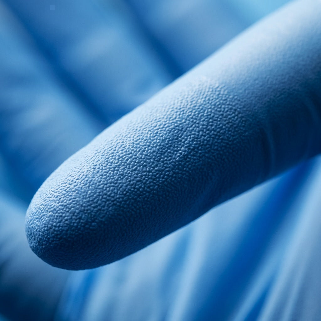 Macro detail of the textured fingertip on a sky blue Globe Nitrile Medical Glove for enhanced grip.