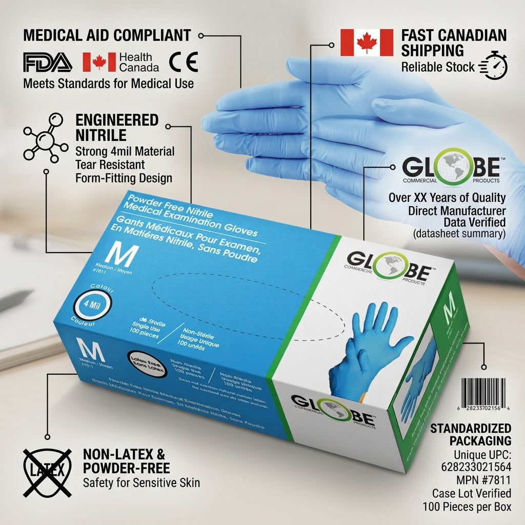 Globe Nitrile Medical Gloves infographic showing a 4mil sky blue glove box with Canadian shipping.