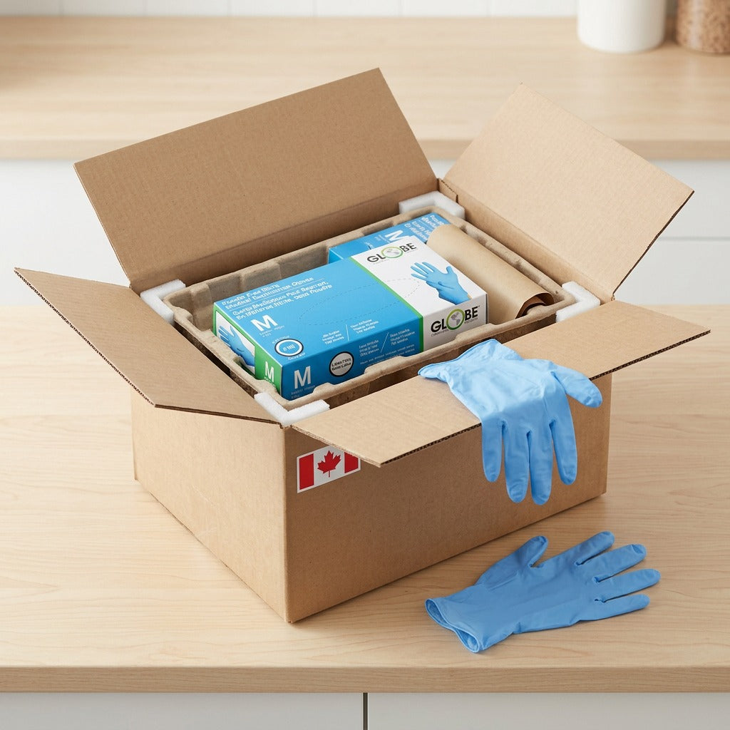 Package unboxing of Globe Nitrile Medical Gloves in a shipping box with protective materials.