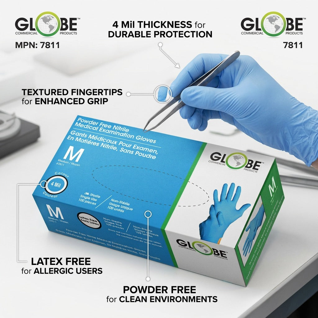 Globe Nitrile Medical Gloves box showing 4 mil thickness, textured fingertips, and latex-free use.