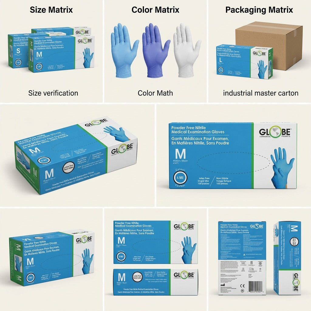 Matrix showing Globe nitrile gloves in various sizes, colors, case packaging, and box angles.