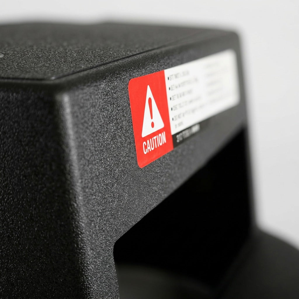 Macro close-up of textured black finish and red caution safety label on the Globe 5250 step stool.