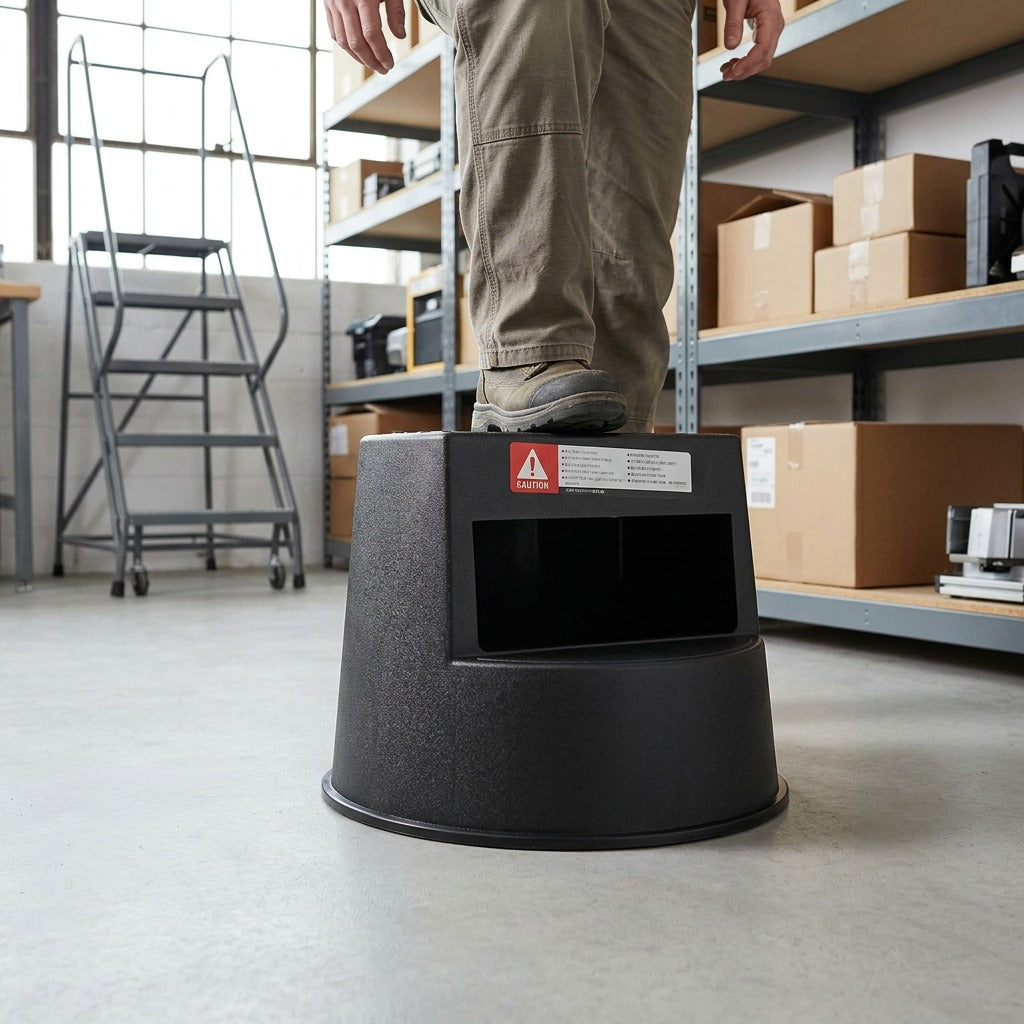 Person stepping onto a black Globe 5250 Mobile Step Stool in a warehouse with storage shelving.
