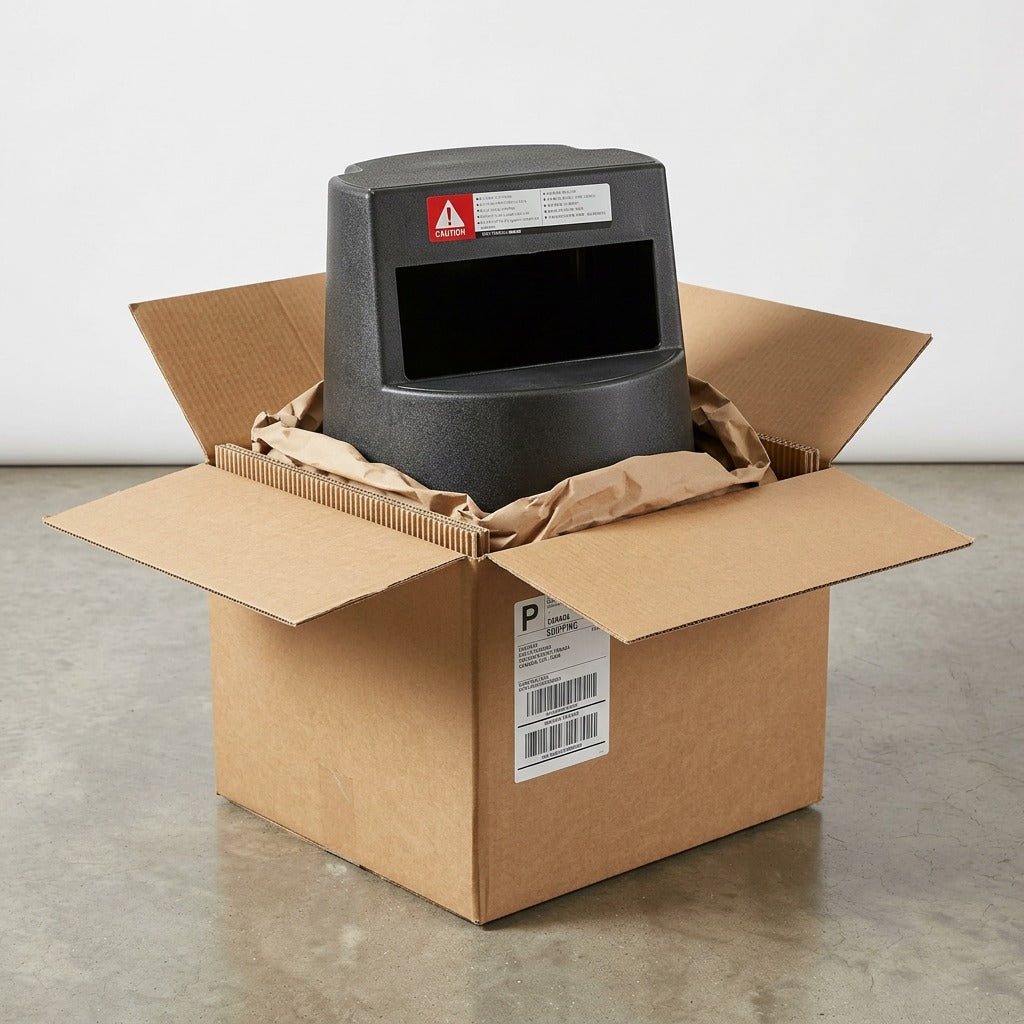 Globe 5250 mobile step stool inside an open cardboard shipping box with protective paper padding.