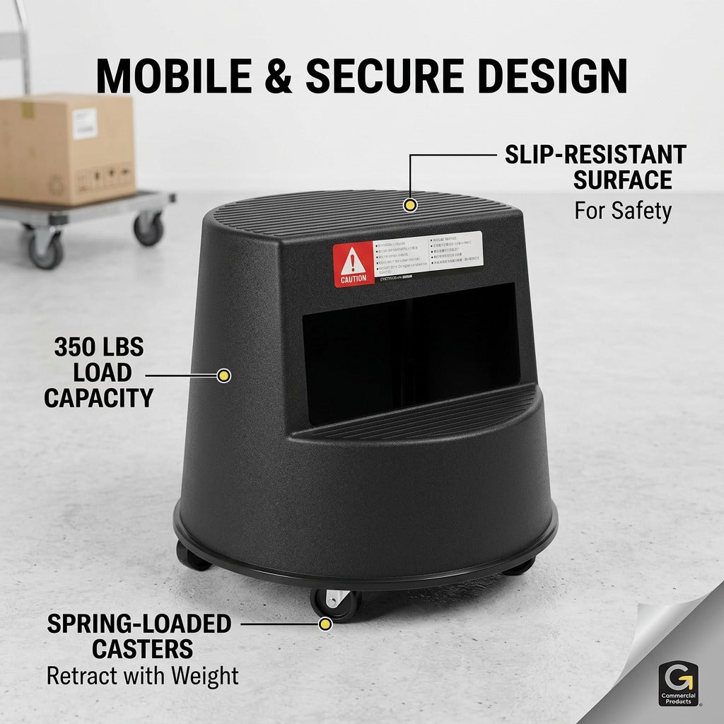 Globe 5250 Mobile Step Stool features 350 lb capacity, slip-resistant surface, and spring-loaded casters.