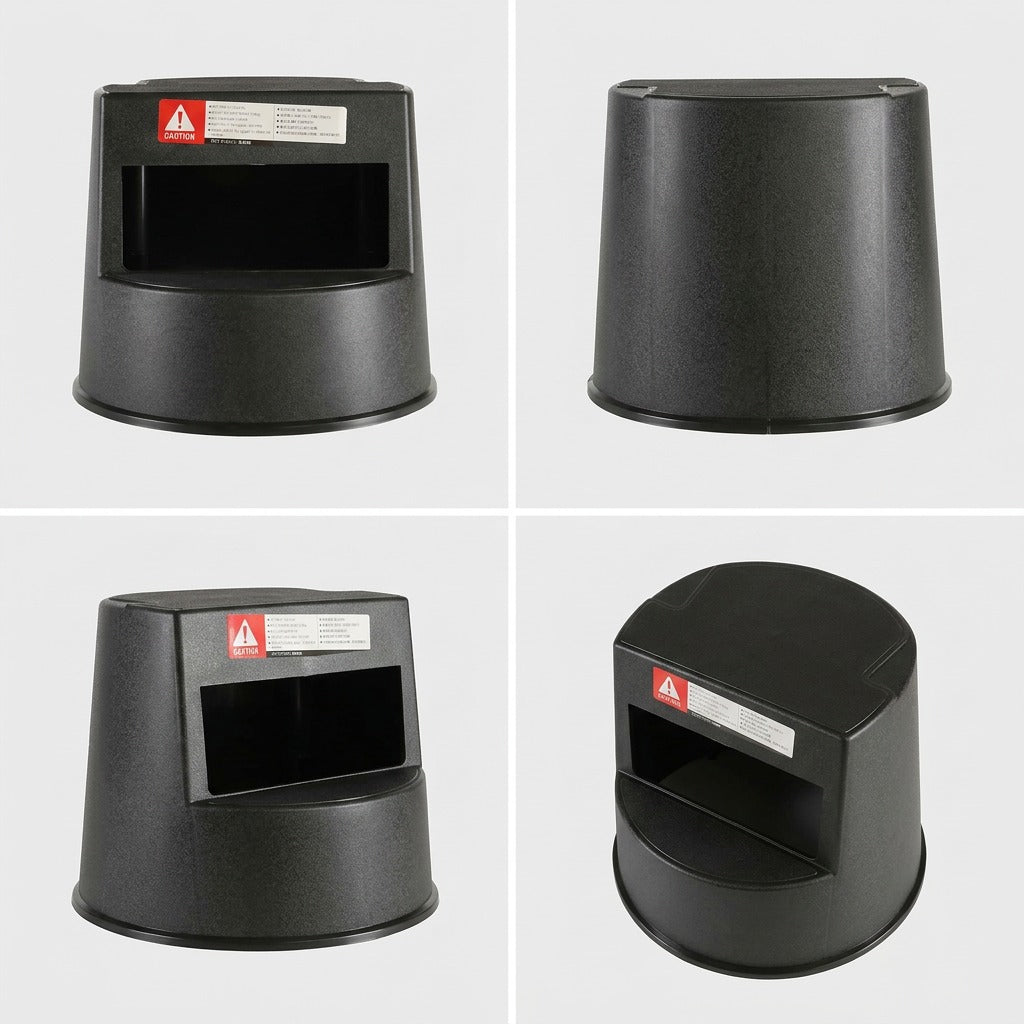 Four views of the black Globe 5250 Mobile Step Stool including front, side, and overhead angles.