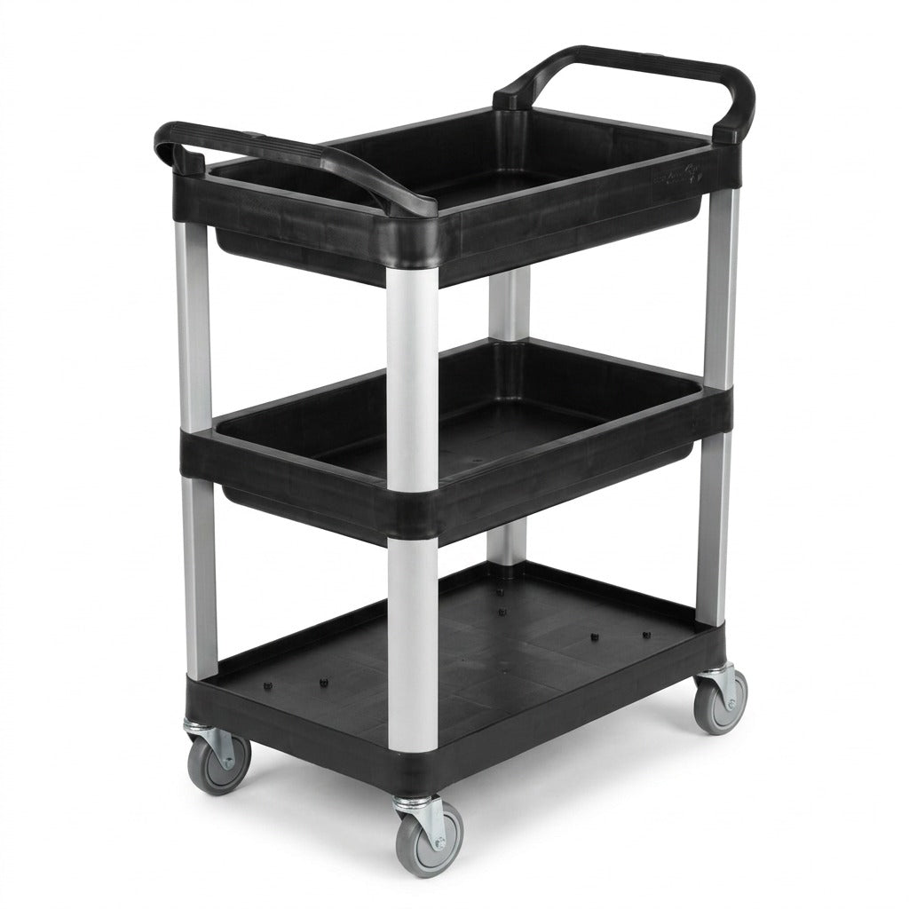 Globe Commercial Products 5001 Small 3-Tier Black Utility Cart with aluminum legs and casters.