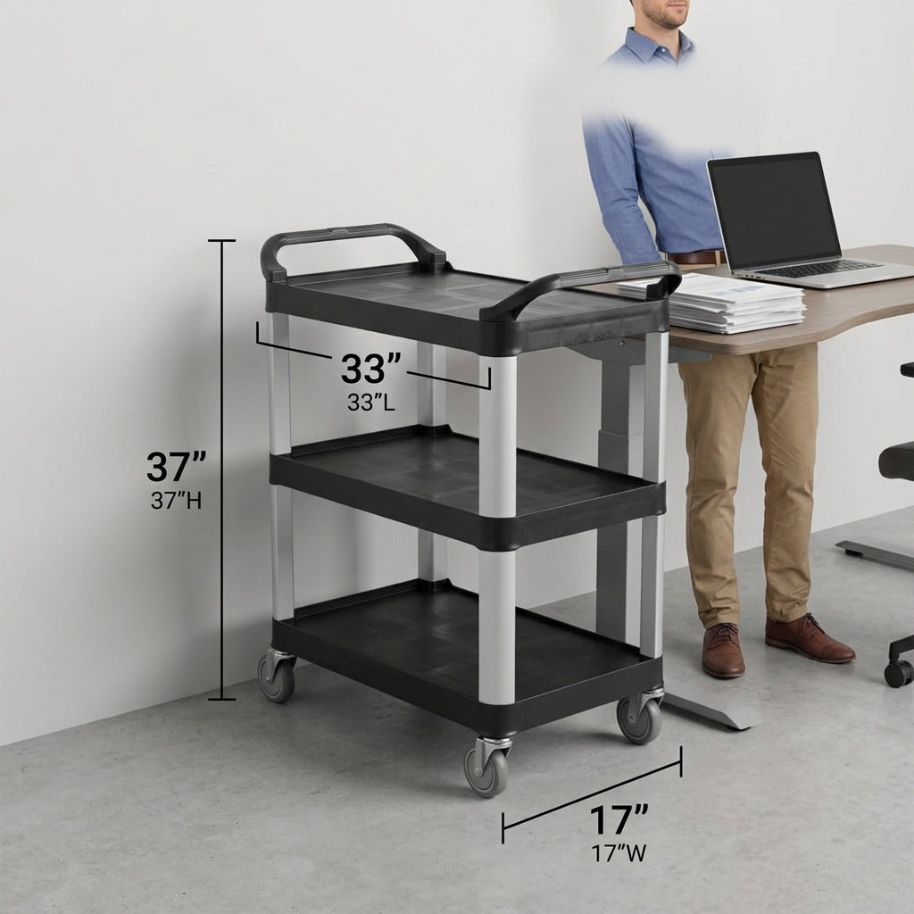 Globe Commercial Products 3-tier black utility cart shown for scale next to a person and office desk.