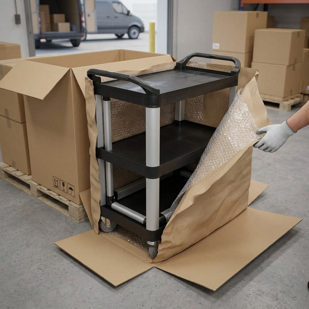 A Globe Commercial Products 5001 black utility cart being unpacked from secure bubble wrap and boxes.