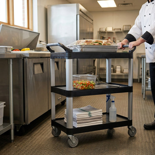 Chef pushing a Globe Commercial Products 5001 small black 3-tier utility cart in a kitchen.