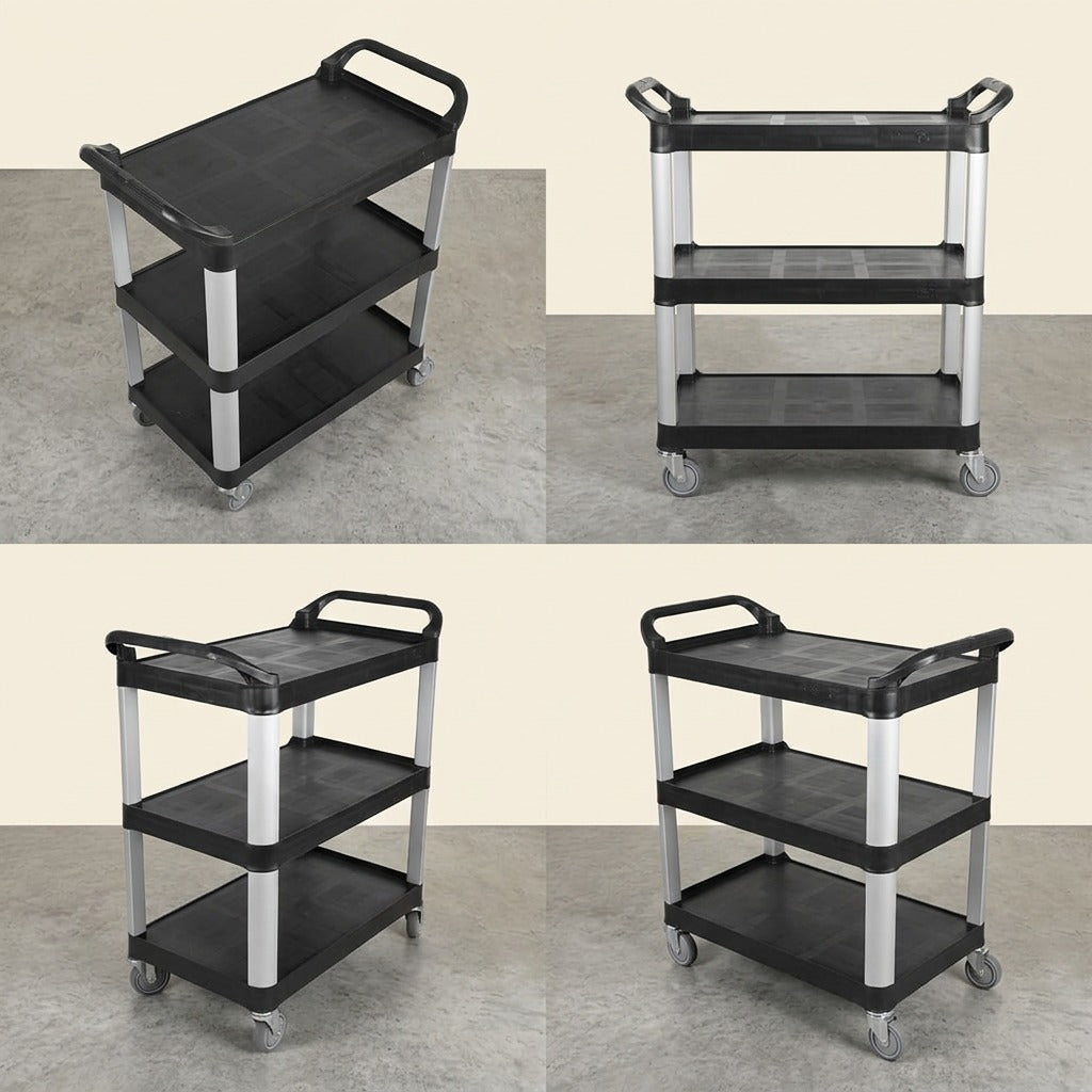 Four views of the Globe Commercial Products Small 3-Tier Black Utility Cart showing various angles.