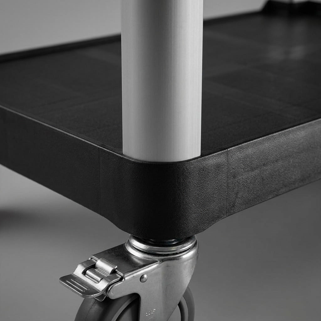 Macro detail of a Globe 5001 black utility cart showing the aluminum leg and heavy-duty caster.