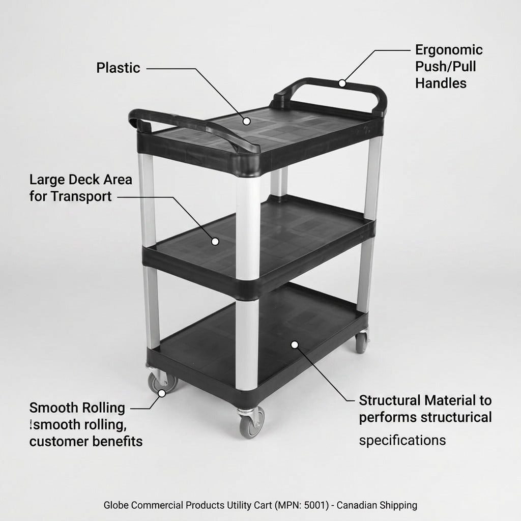 Feature graphic of a Globe Commercial Products 3-tier utility cart highlighting ergonomic handles.