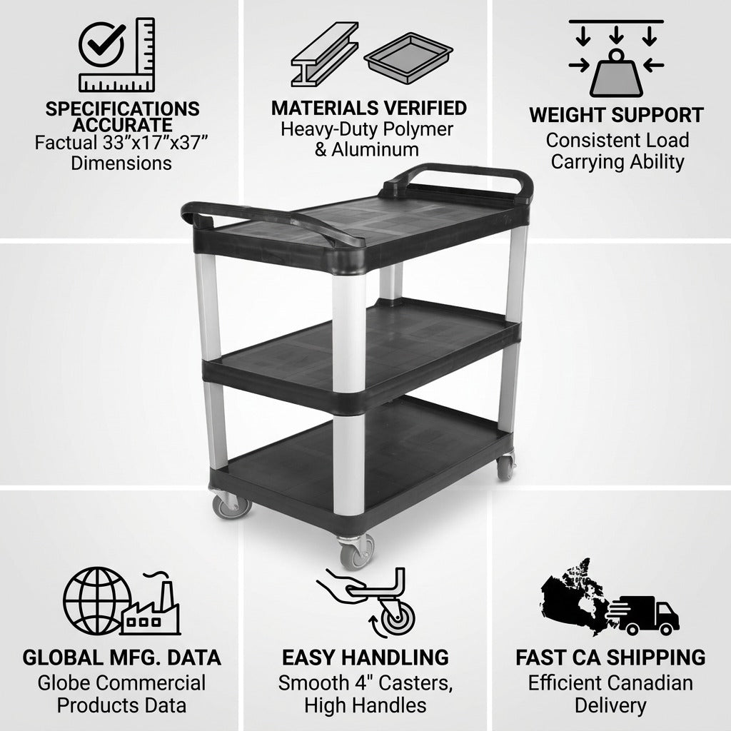 Globe Commercial Products 3-tier black utility cart infographic highlighting 400lb capacity.