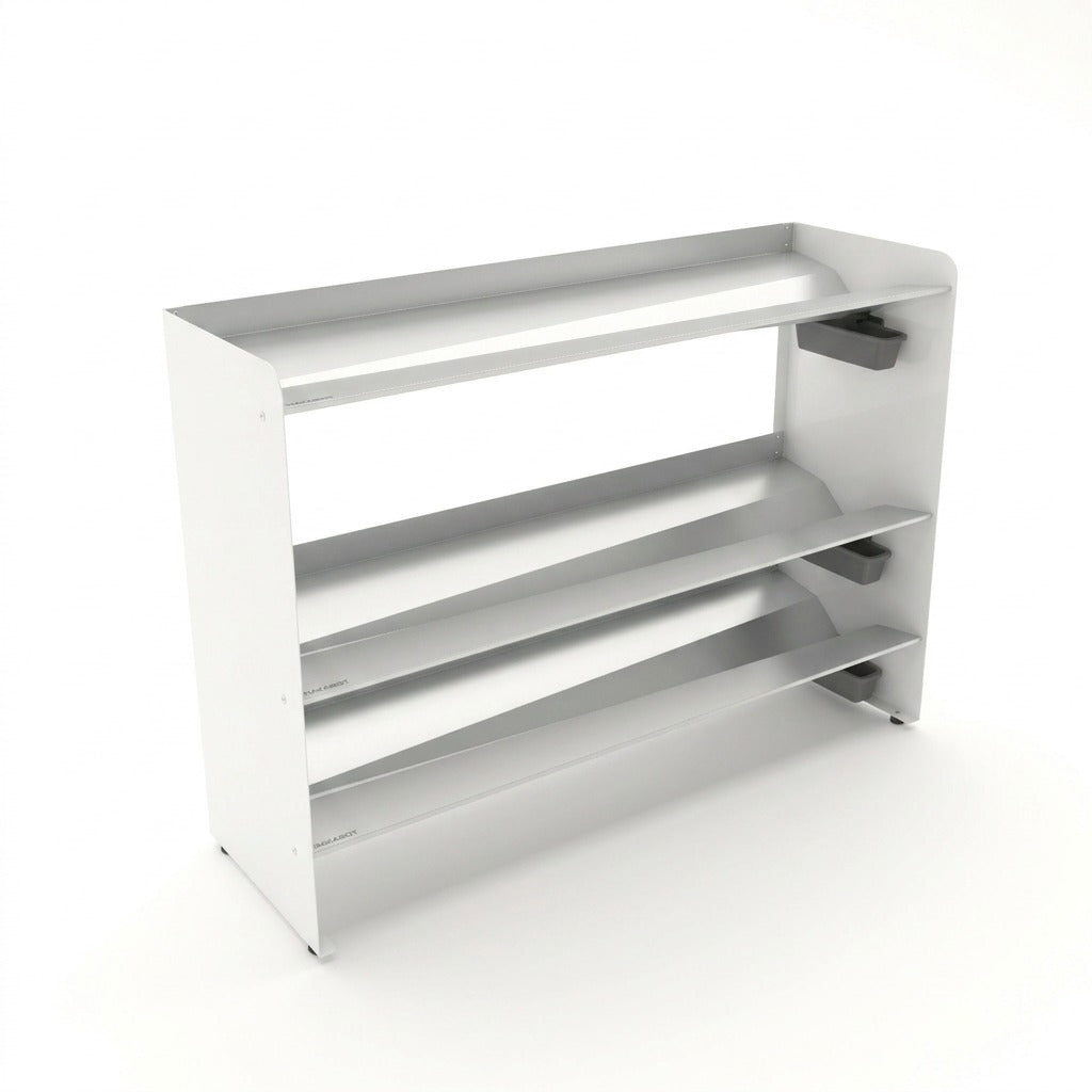 Rakabot Titan 3-tier commercial footwear rack, 47 inch width, stainless shelves and white panels.