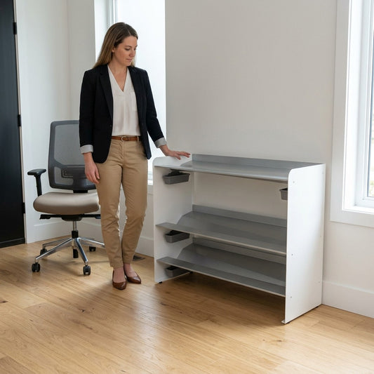 A woman stands beside the 47-inch Rakabot Titan 3-tier boot rack in an office for scale reference.