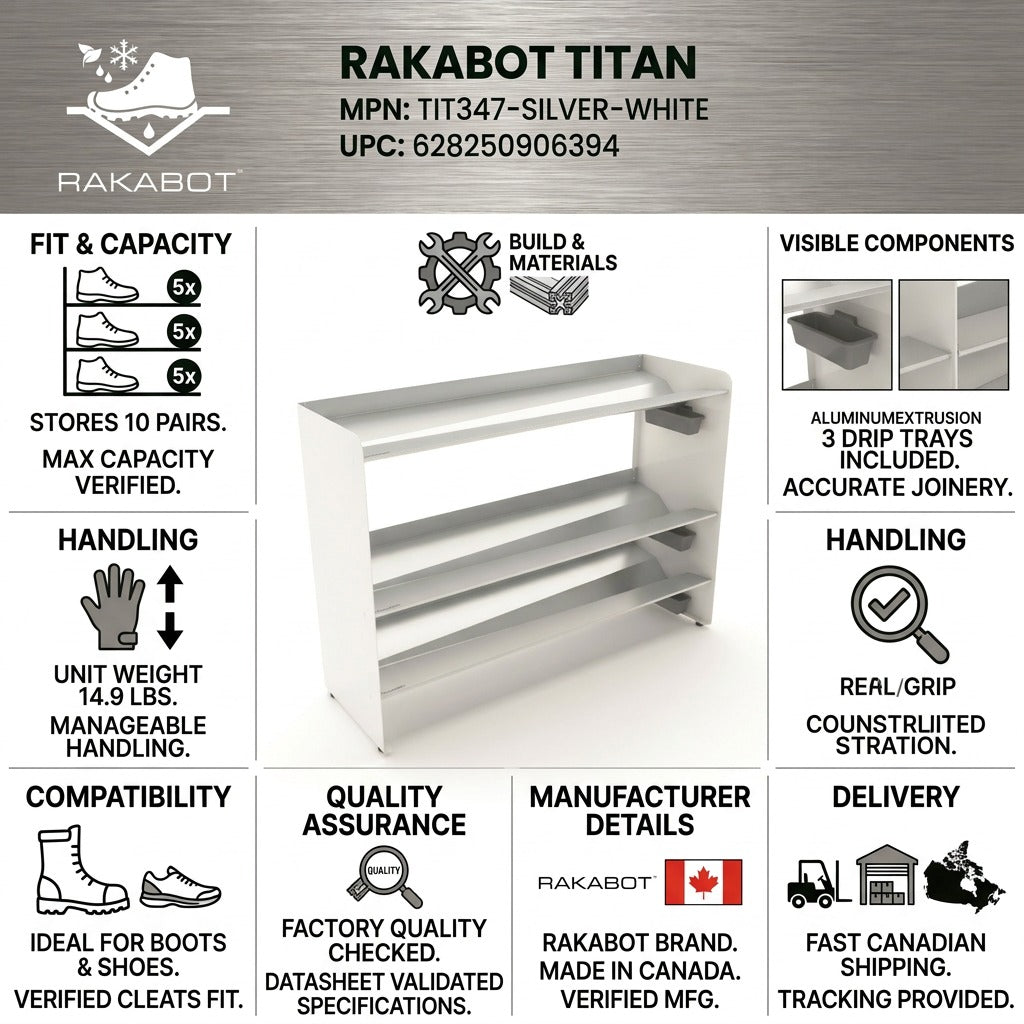 Rakabot Titan 3-tier boot rack infographic showing aluminum layers, drip trays, and 10-pair capacity.