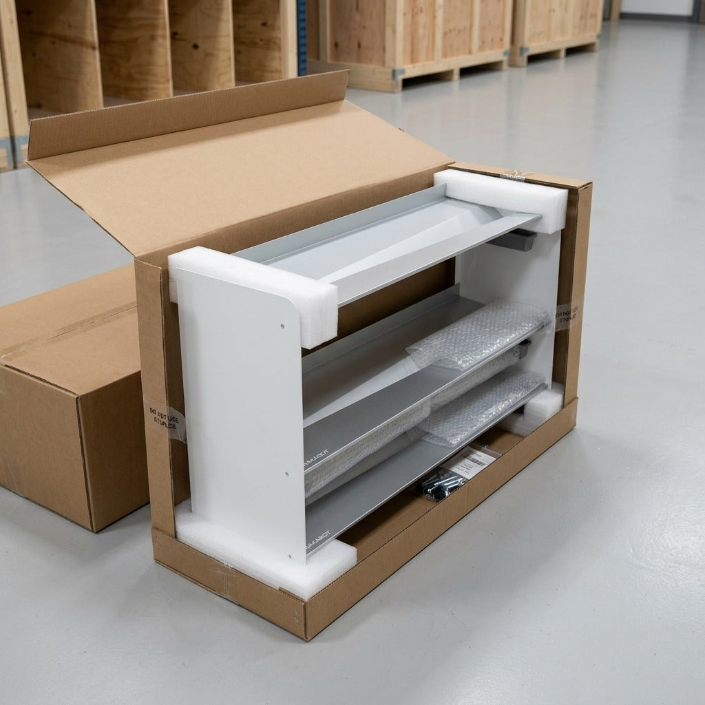 Unboxing of a Rakabot Titan boot rack with foam padding and bubble wrap for secure shipping.