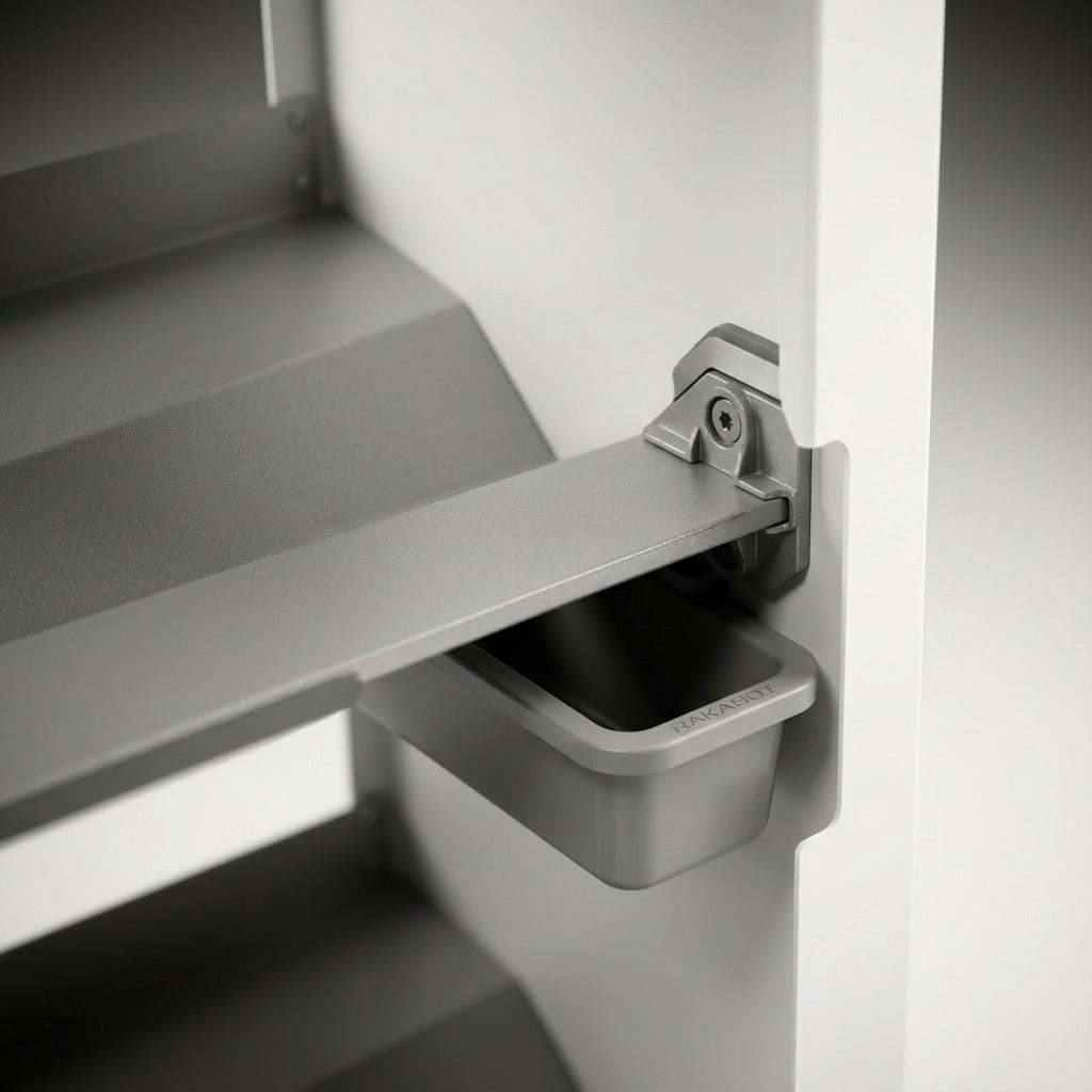 Macro detail of Rakabot Titan boot rack showing grey metal shelf, white panel, and drainage bucket.