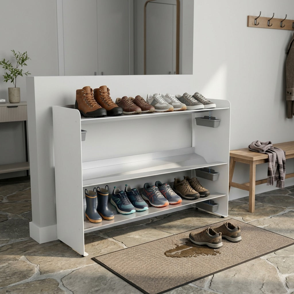 Rakabot Titan 3-tier boot rack in white with shoes and boots in a modern entryway setting.