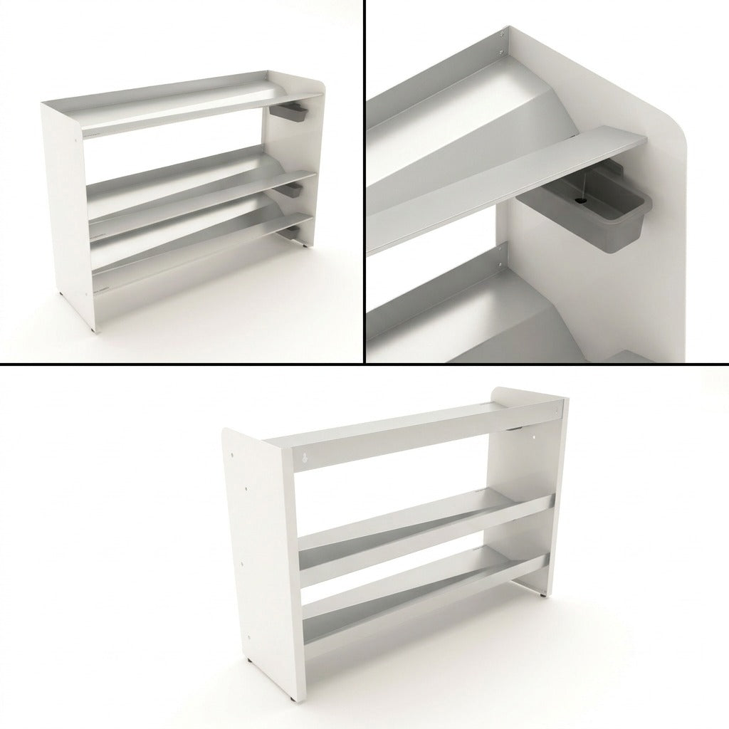 Three views of the Rakabot Titan 3-tier boot rack in white and silver, showing the drainage system.