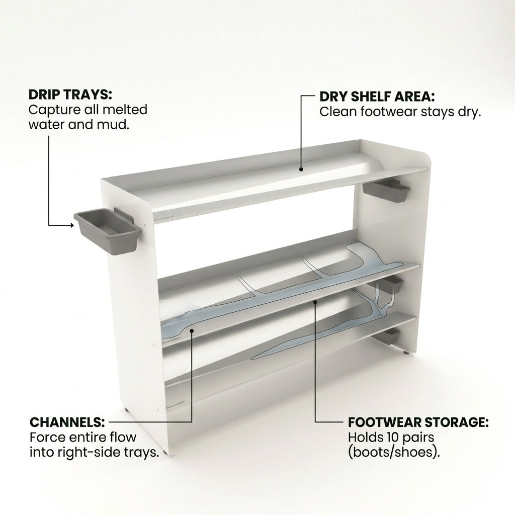 Rakabot Titan 47-inch boot rack diagram showing drip trays, water channels, and storage for 10 pairs.