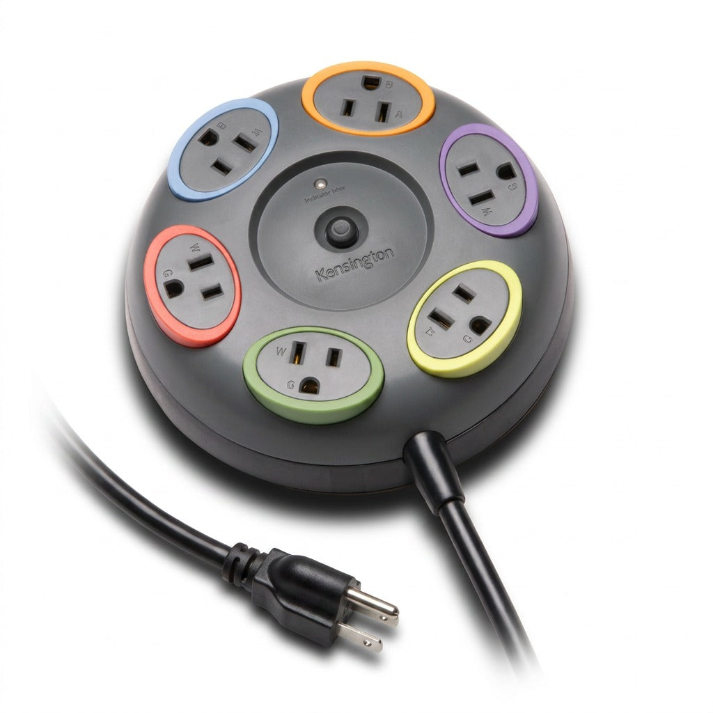 Kensington SmartSockets Table Top 6-Outlet Surge Protector with color-coded outlets on a white background.