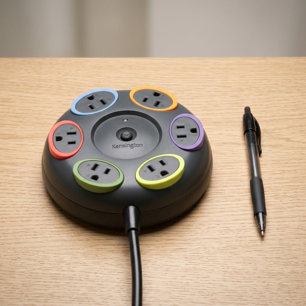 Kensington SmartSockets 6-outlet surge protector on a desk shown next to a pen for scale reference.