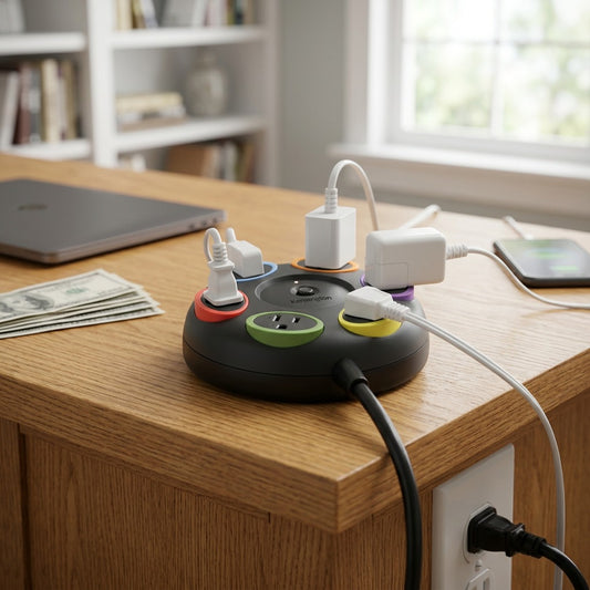 Kensington SmartSockets Table Top Protector on a desk with multiple devices plugged in.