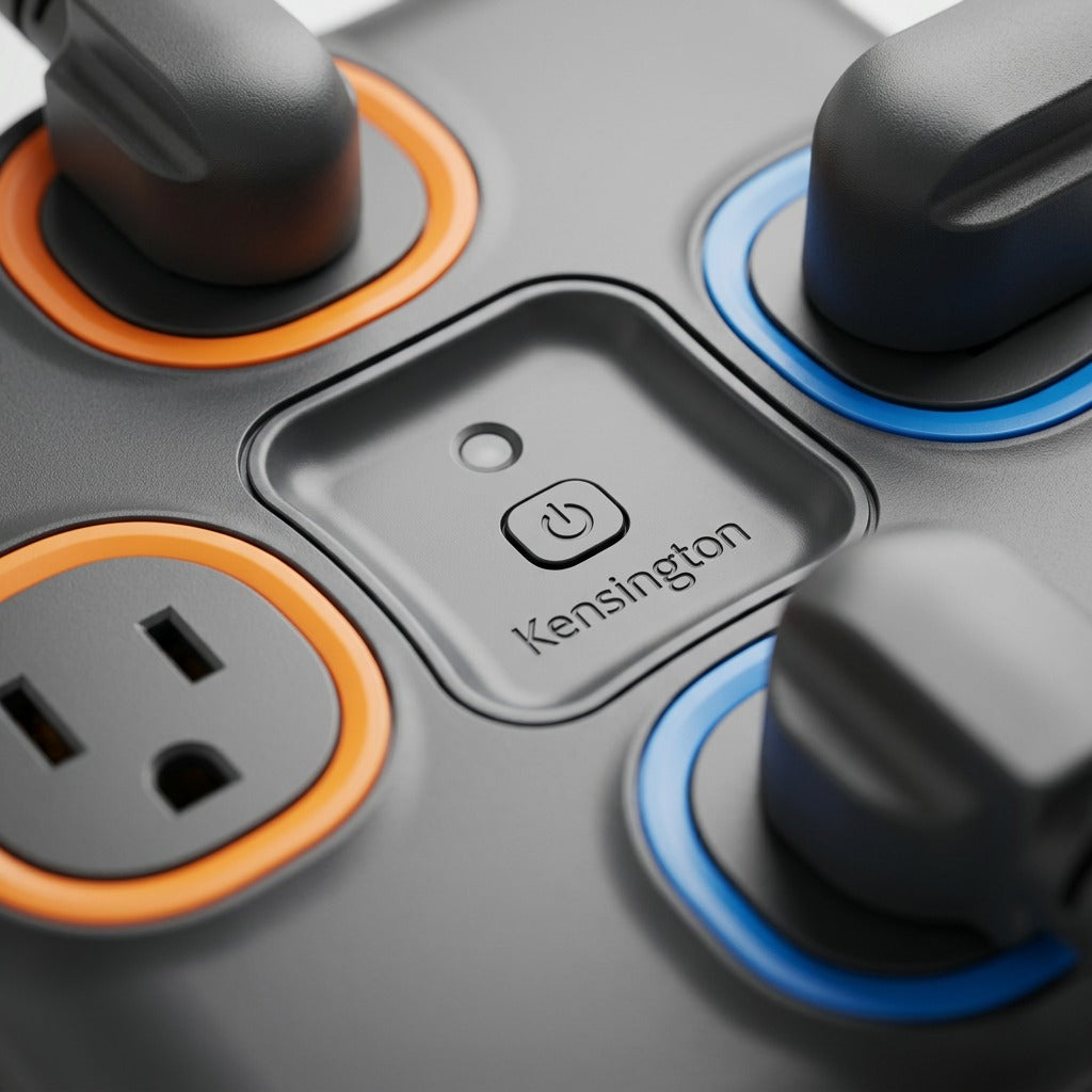 Macro close-up of the Kensington SmartSockets power button and color-coded circular 6-outlet ring.