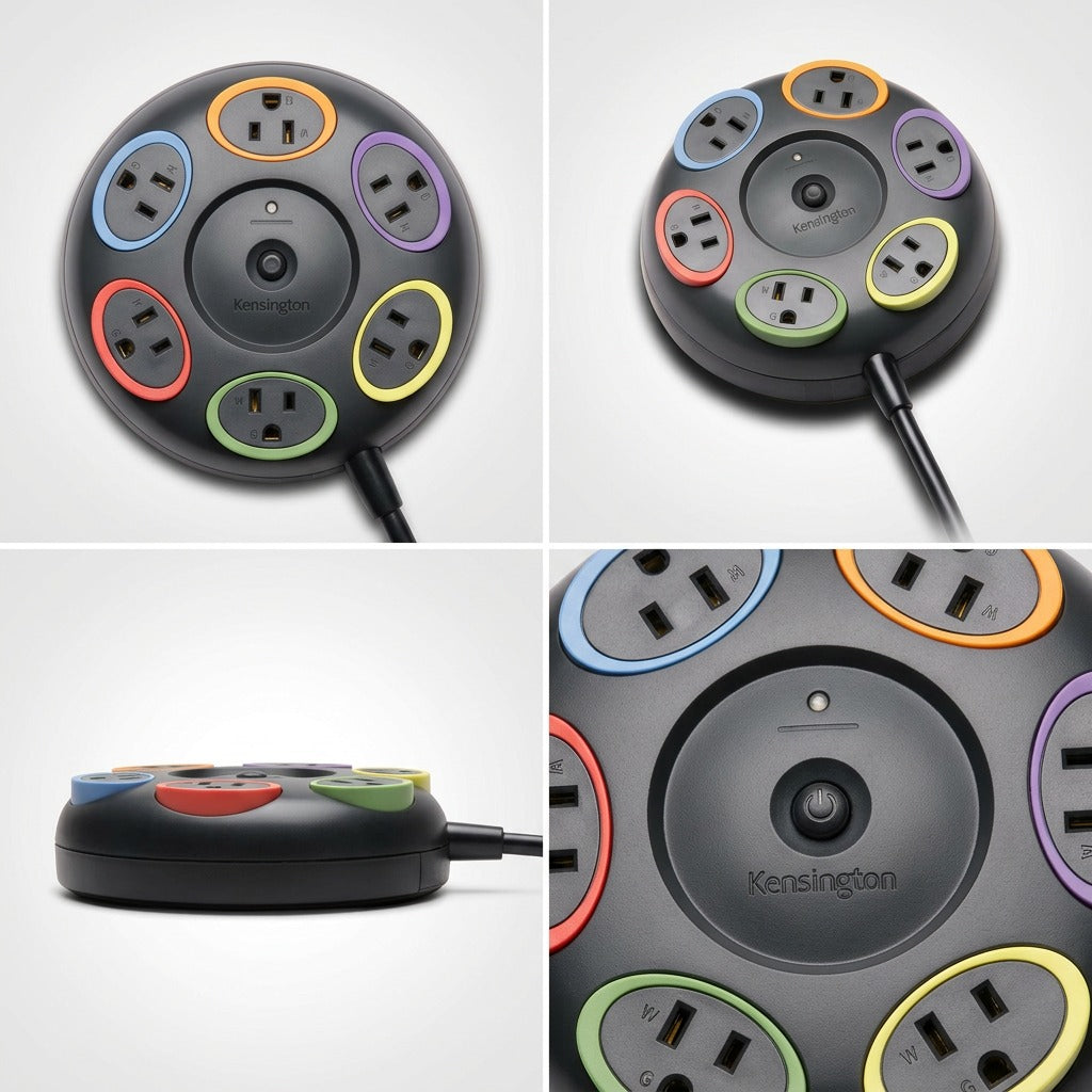 Four views of the Kensington SmartSockets 6-outlet surge protector with color-coded circular outlets.